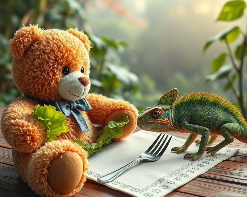 teddy bear, napkin, lettuce, chameleon, gorilla